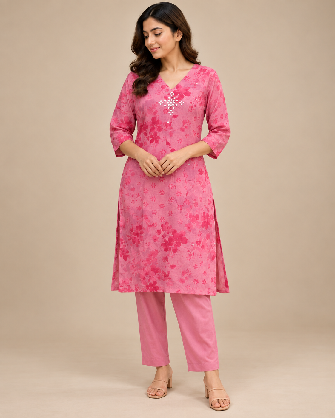 Pink Floral V-Neck Kurta Set with Embellished Detail