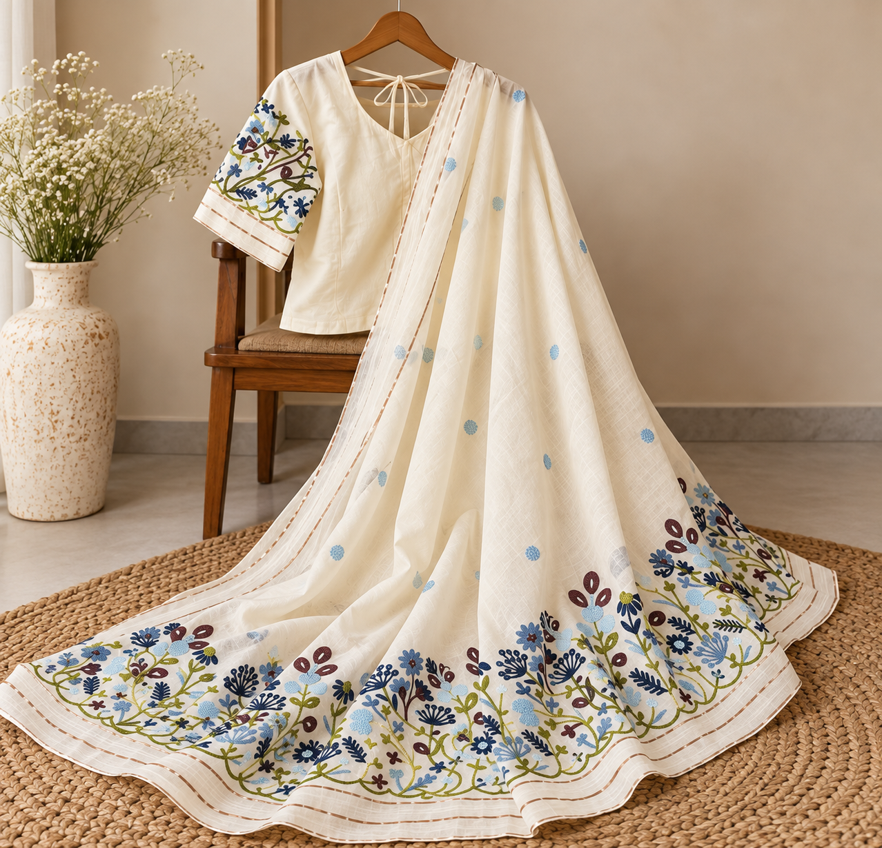 Ivory Floral Embroidered Saree with Coordinated Blouse