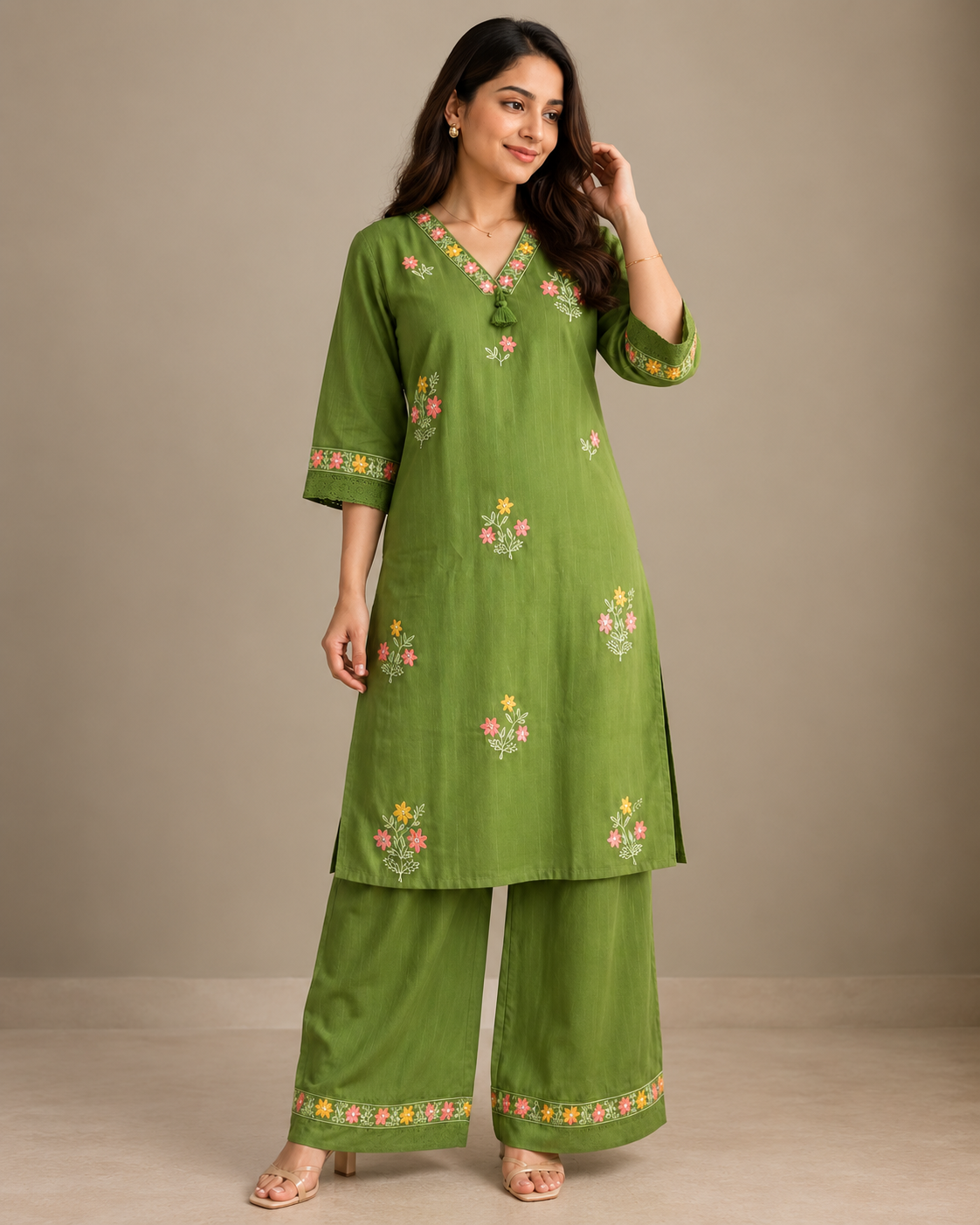 Olive Green Floral Embroidered Kurta & Wide-Leg Pant Set
