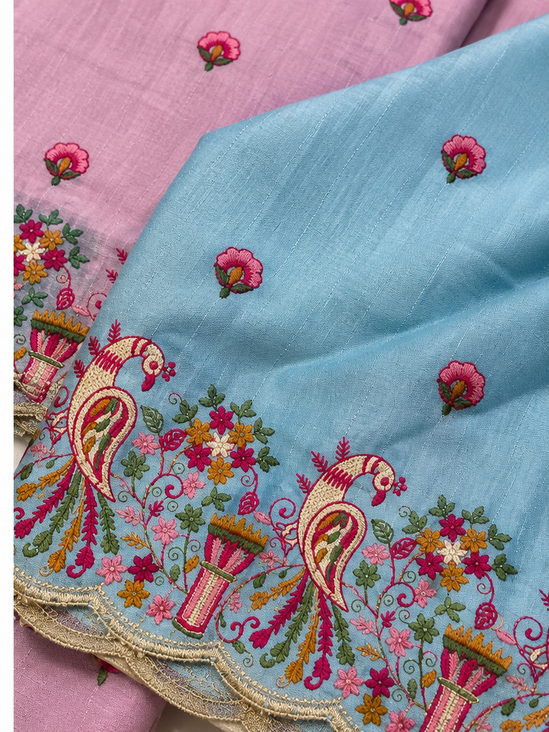 Pastel Embroidered Saree with Peacock Floral Border