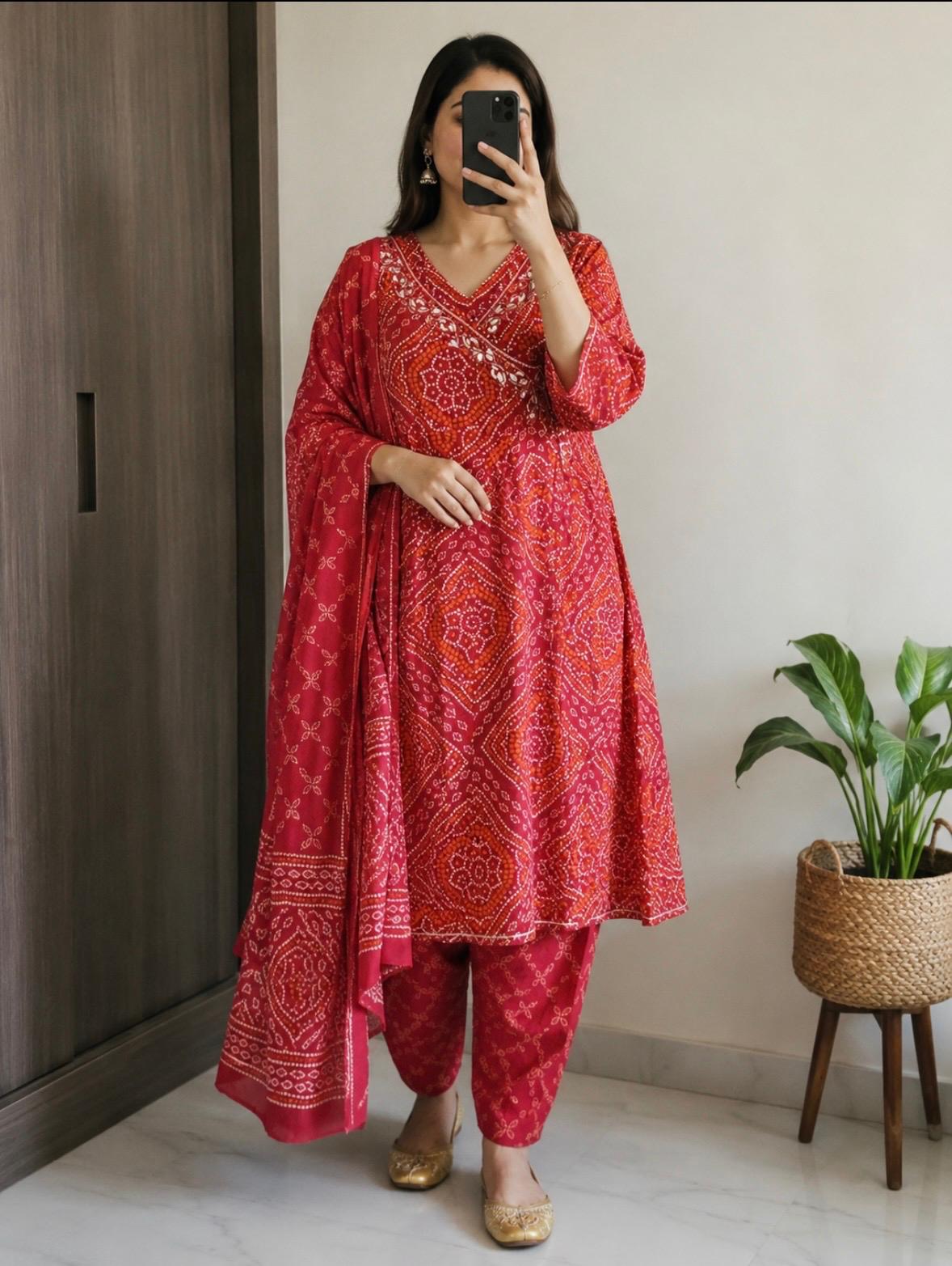 Red Bandhani-Inspired Printed Kurta Set with Dupatta