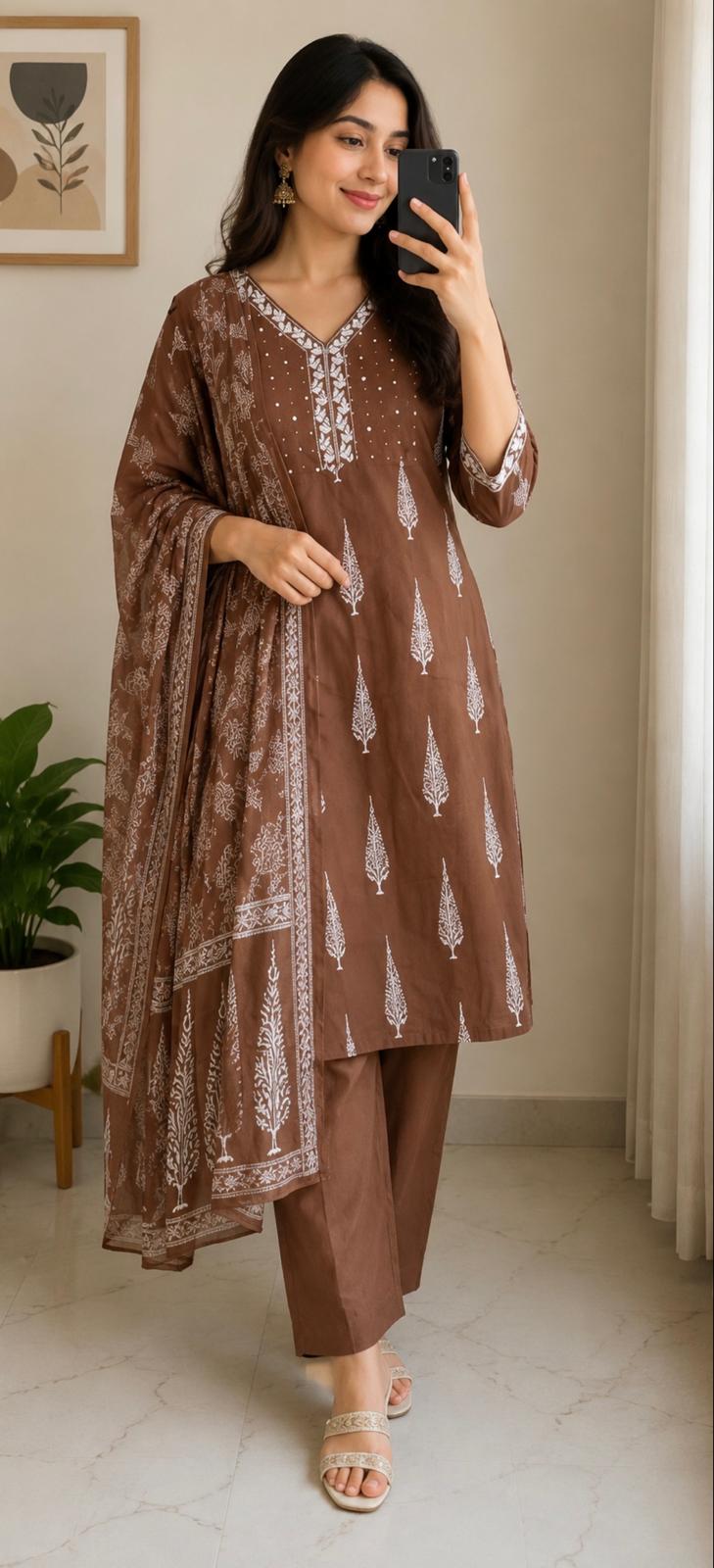 Brown Printed V-Neck Kurta Set with Matching Dupatta