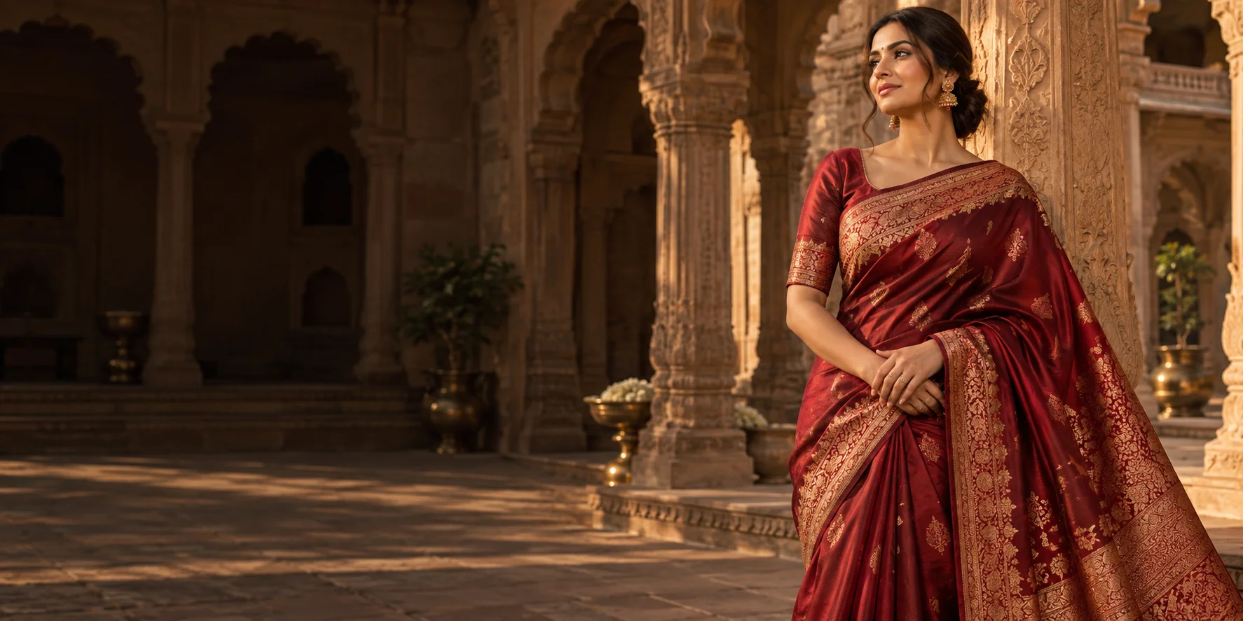 Burgundy saree with gold detailing from the Shali campaign